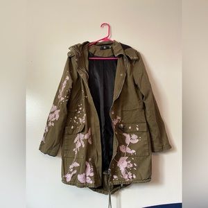 Missguided Olive Utility Jacket with Pink Floral Embroidery